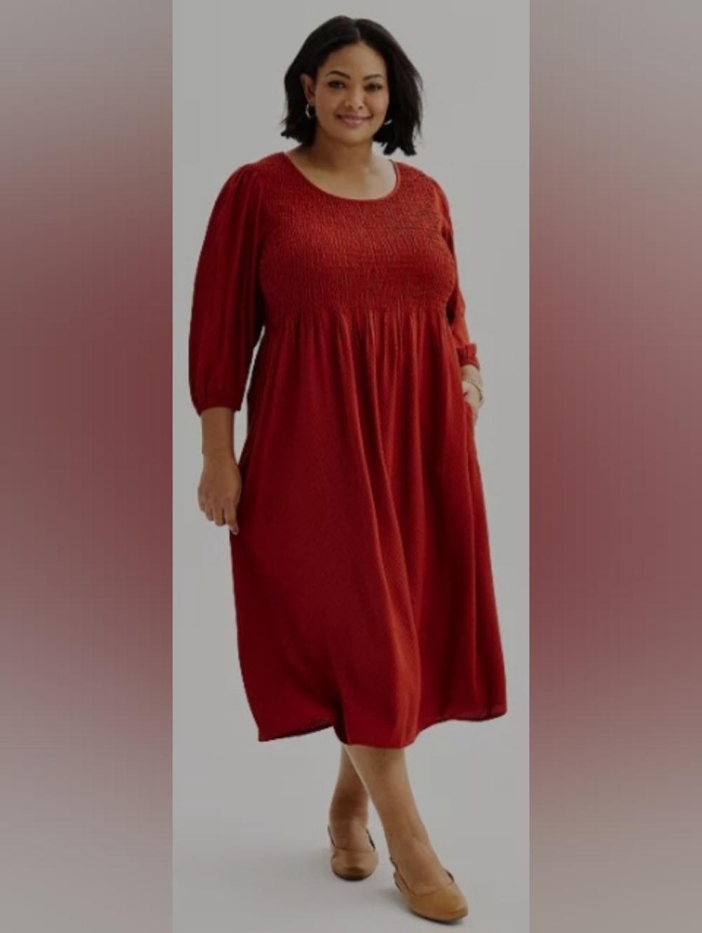 CROFT & BARROW womens Smocked 3/4 Sleeve Midi Dress In Sz1X